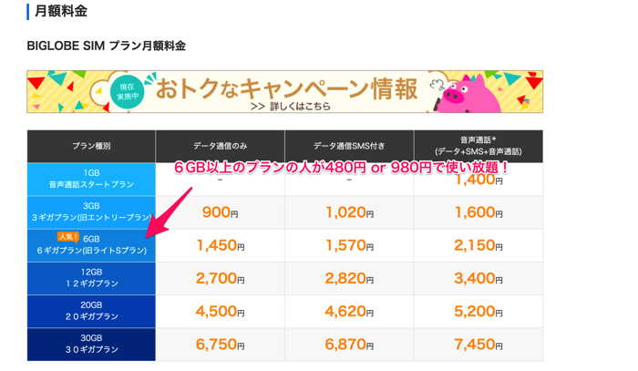料金プラン 格安SIM 格安スマホ BIGLOBE SIM