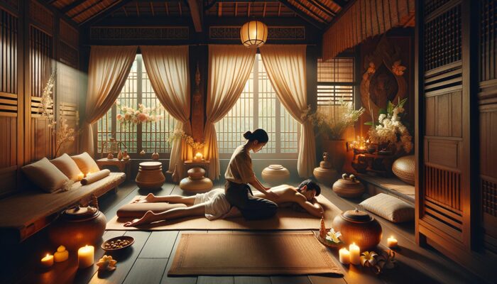 DALL·E 2024-02-13 22.23.20 - A serene and peaceful scene capturing the essence of traditional Thai massage. The setting is a tranquil room with soft, warm lighting and elements of.png タイ古式マッサージ